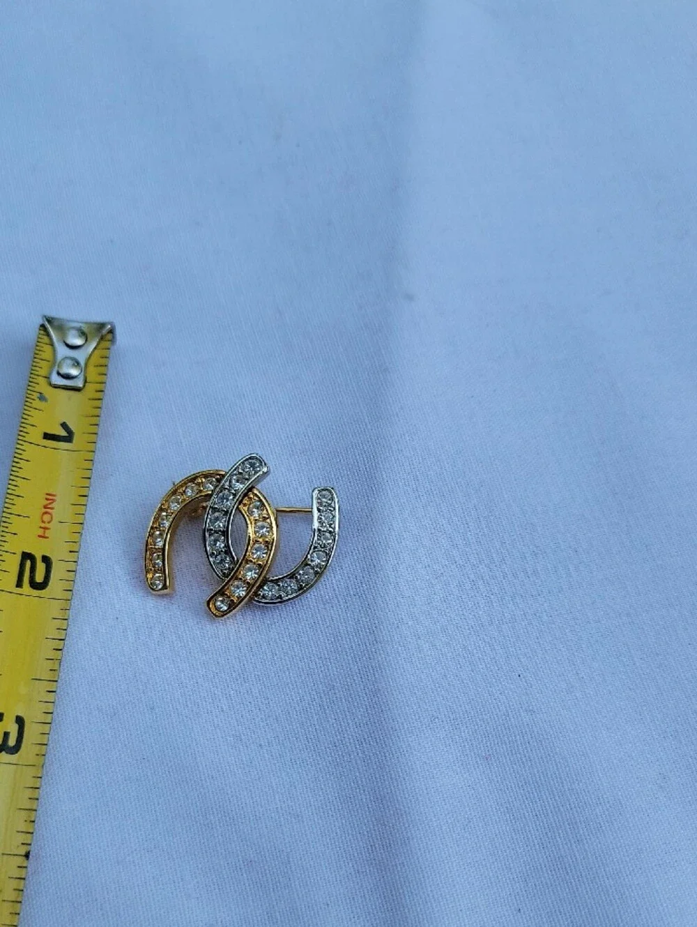 Vintage Joan Rivers Two-Tone Gold and Silver Crystal Horseshoe Brooch Good Luck